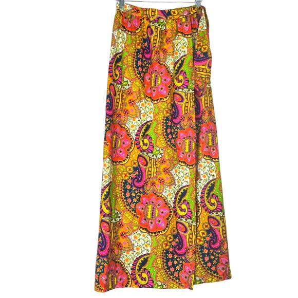 Vintage Dresses & Skirts - Vintage Maxi Skirt 1960s Paisley Bright Colors Pink Yellow S